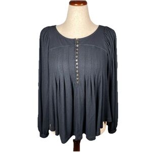 Free People Black Ruffle Pintuck Blouse Peasant Boho Top Size Small